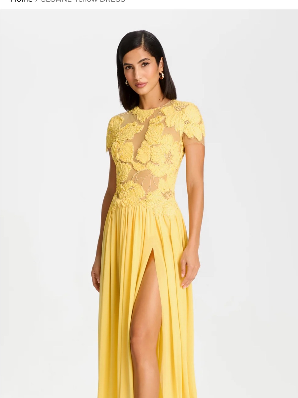 NADINE MERABI Yellow Lace-Appliqué Maxi Dress with High Slit